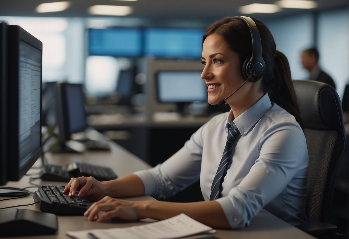 A customer service representative answering inquiries at a desk with a computer, phone, and FAQ documents in a modern office setting