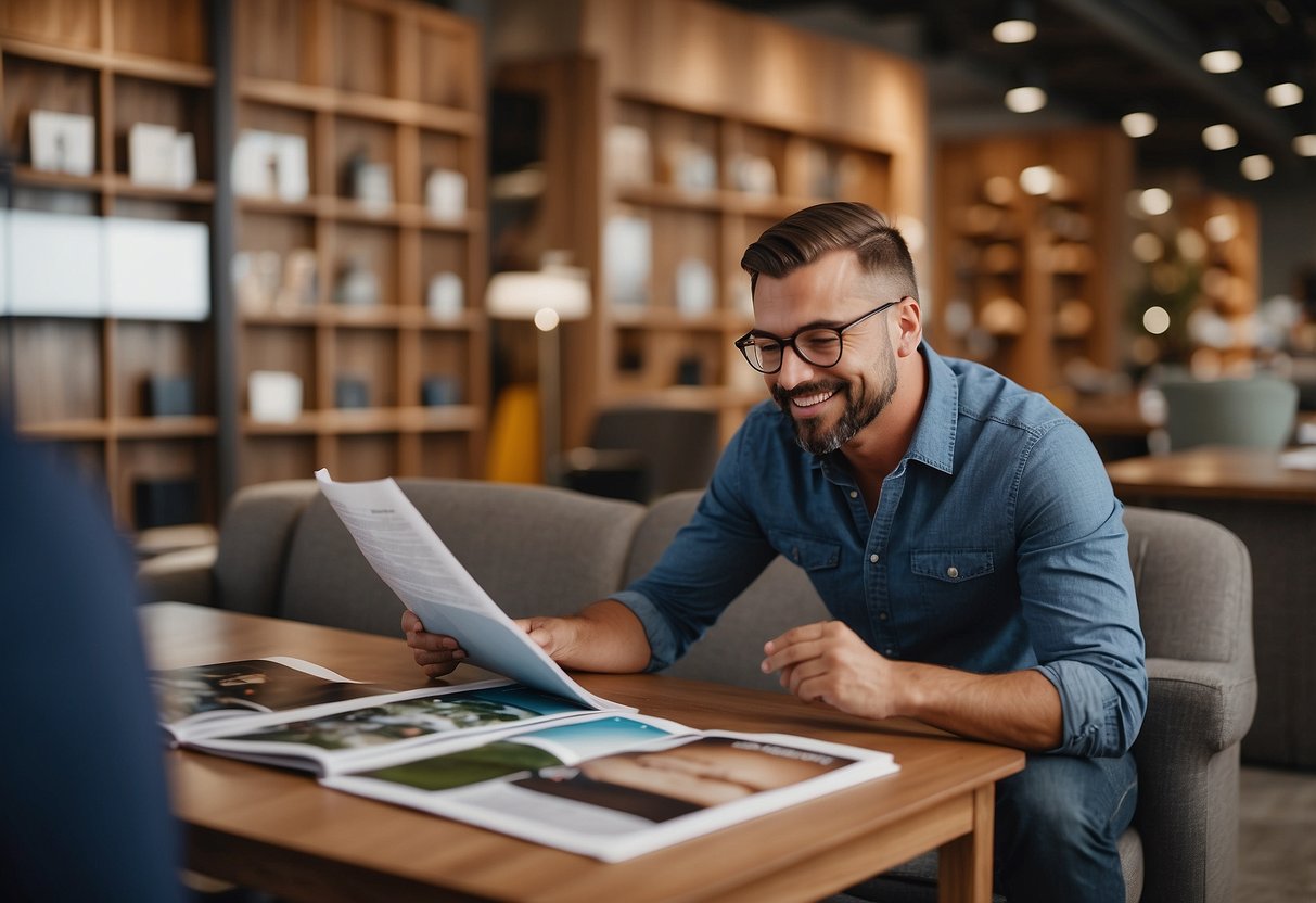 A customer browsing through a catalog of custom furniture options with a sales representative answering questions