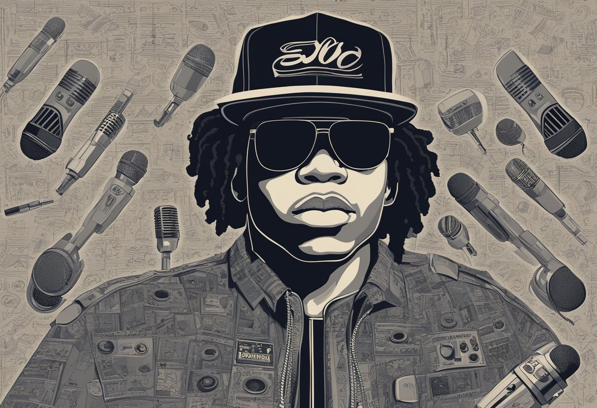 Eazy E's solo career and collaborations are depicted through a microphone surrounded by musical notes and various artists' names