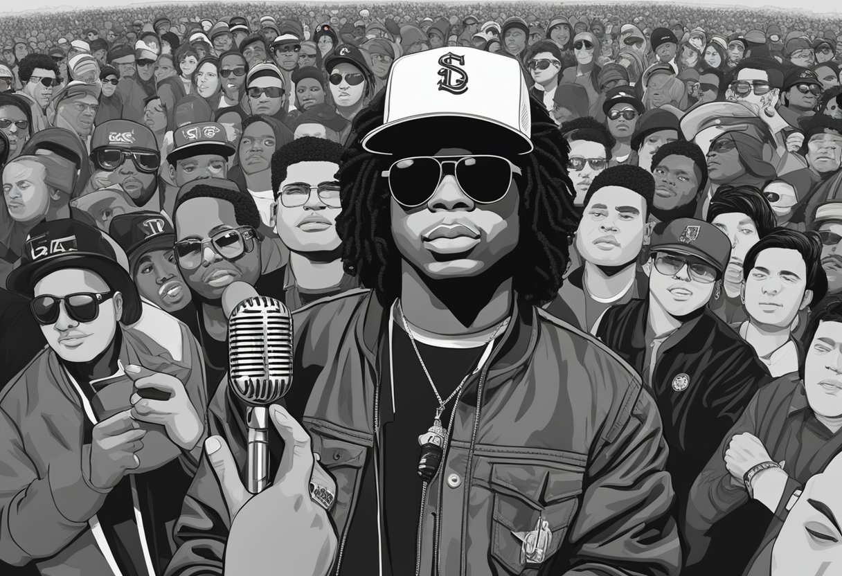 Eazy E's iconic sunglasses and microphone lay on a stage, surrounded by a crowd of adoring fans, symbolizing his enduring legacy and posthumous influence
