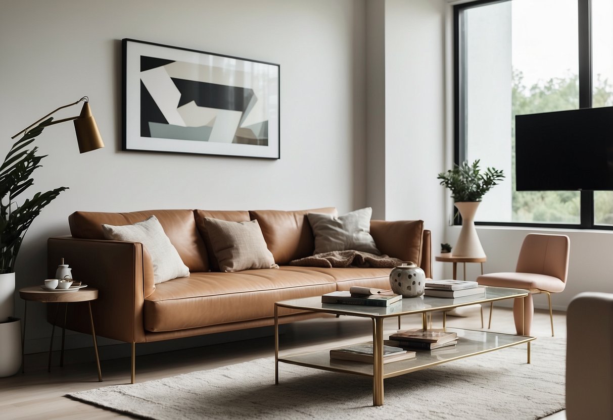 A modern living room with a sleek sofa, a minimalist coffee table, and a stylish bookshelf against a neutral-colored wall