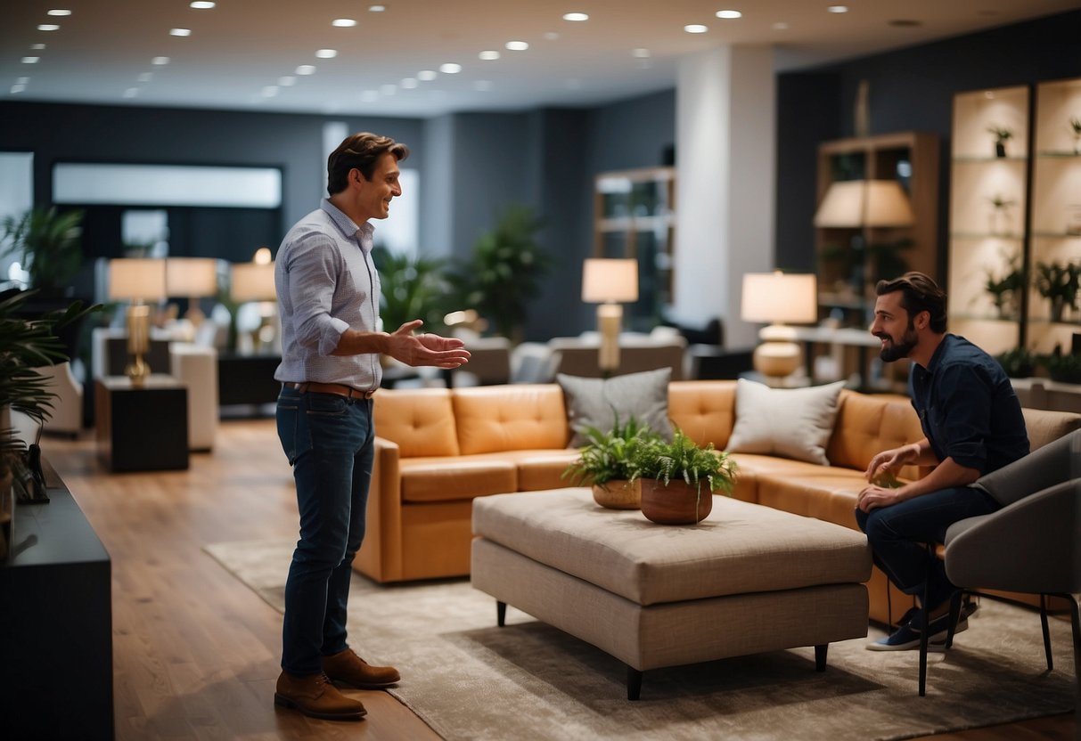 A customer browsing furniture at a showroom, interacting with a salesperson for advice and guidance