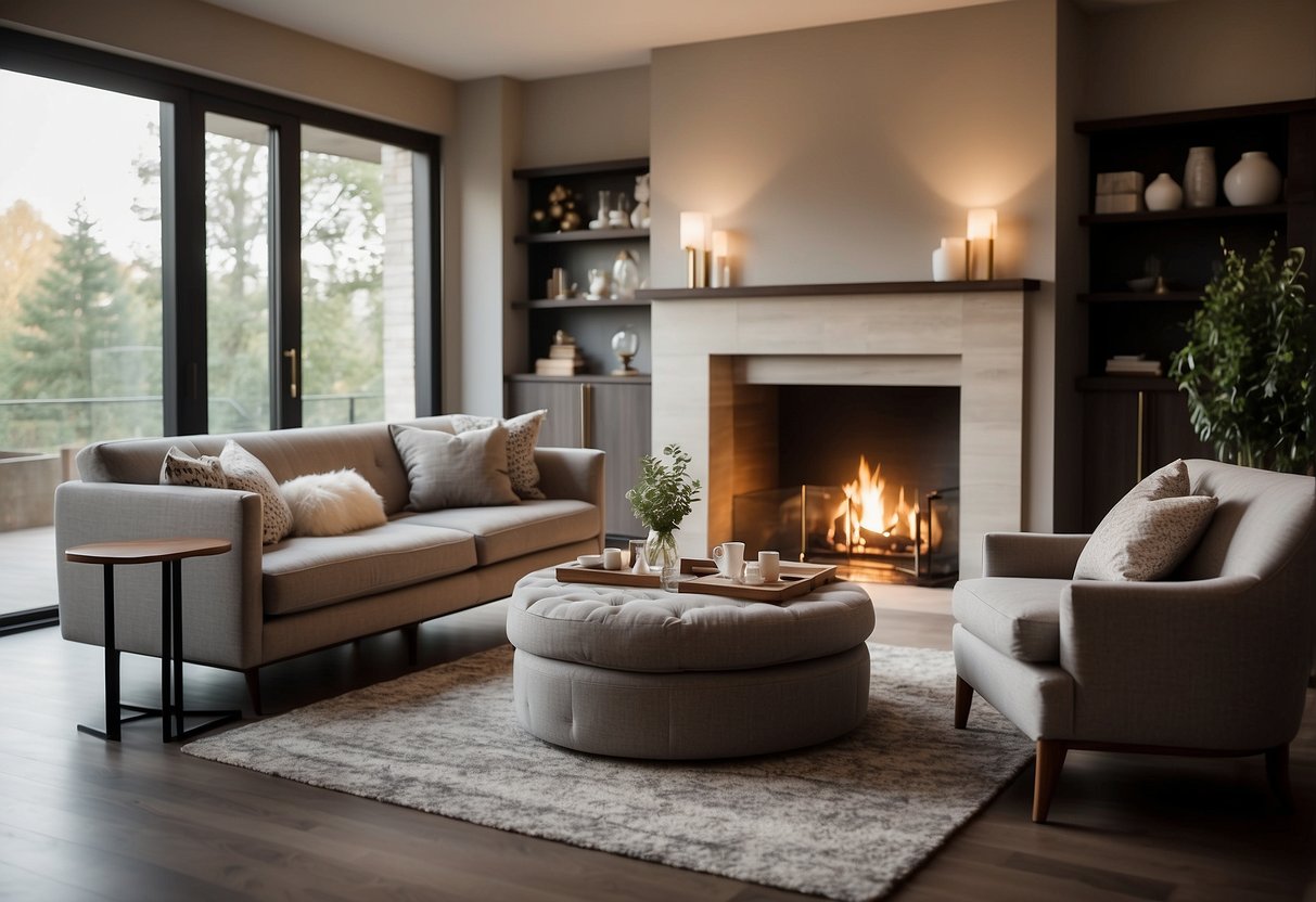 A cozy living room with choice furniture: a plush sofa, elegant coffee table, and stylish armchair arranged around a warm fireplace