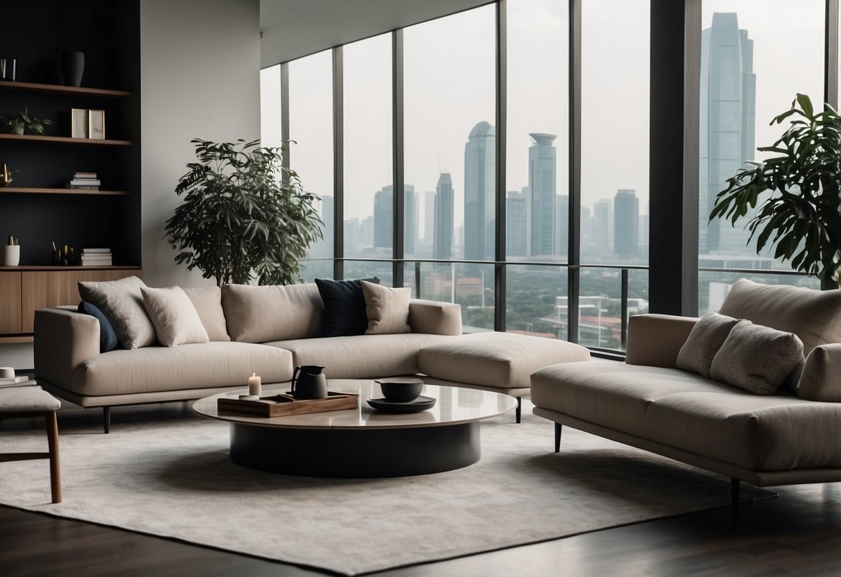 A modern living room with sleek Italian furniture in Singapore. Clean lines, minimalist design, and neutral color palette