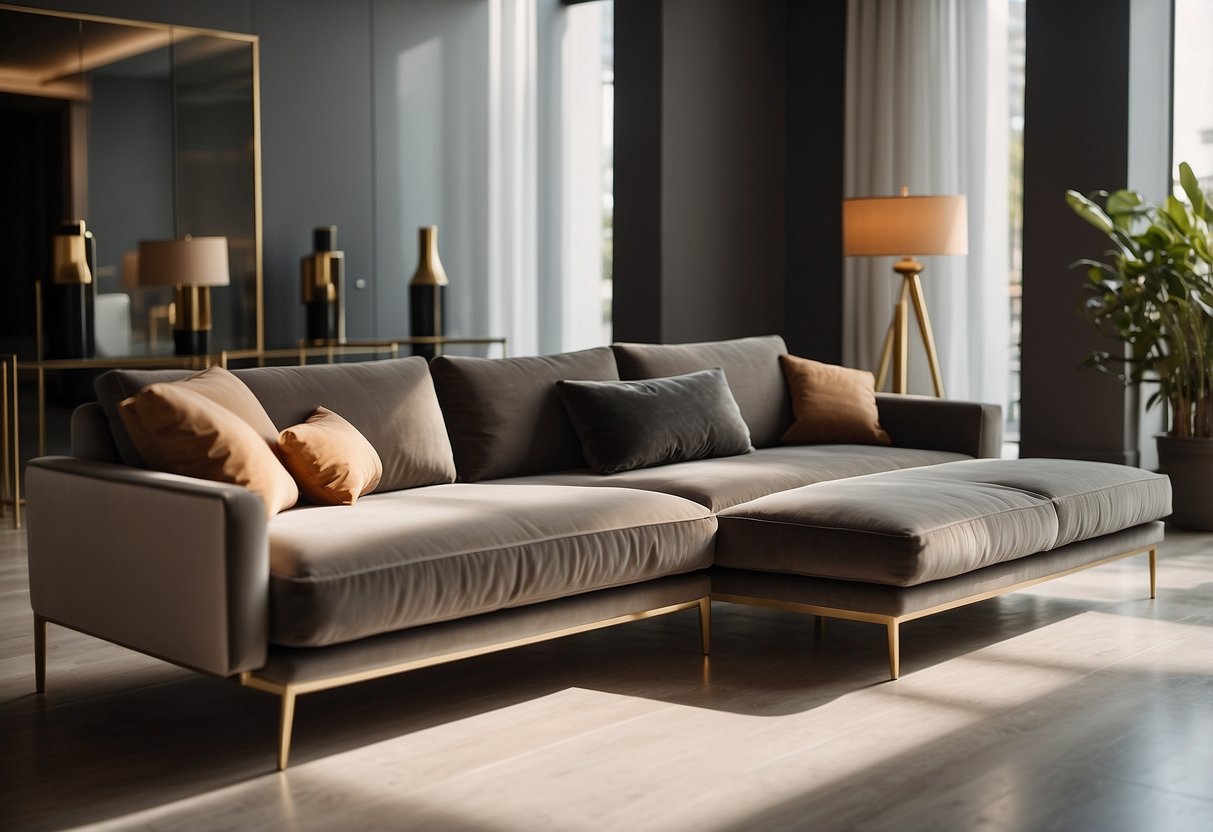 A sleek, modern sofa sits in a sunlit room, surrounded by elegant Italian furniture. Clean lines and luxurious materials define the space