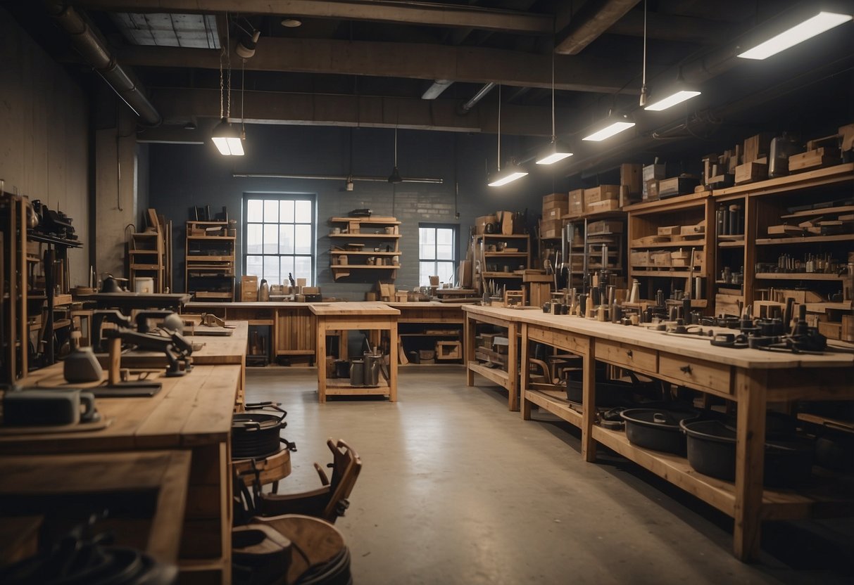 A workshop filled with tools and materials, with a focus on precision and attention to detail in creating custom furniture