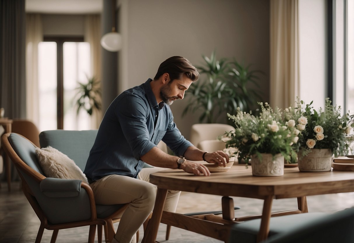 A person arranging elegant Italian furniture in a stylish home setting