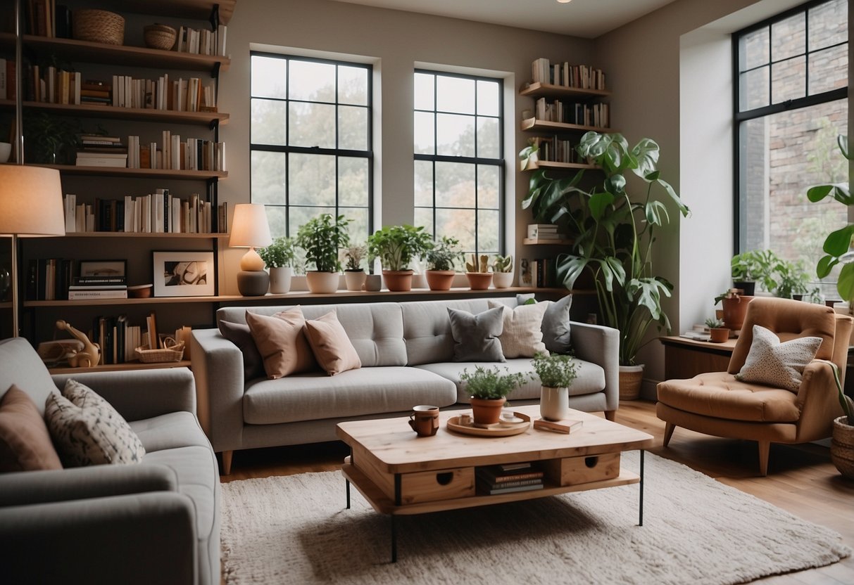 A cozy living room with a modern sofa and coffee table, surrounded by shelves filled with books and decorative items. A large window lets in natural light, and a potted plant adds a touch of greenery