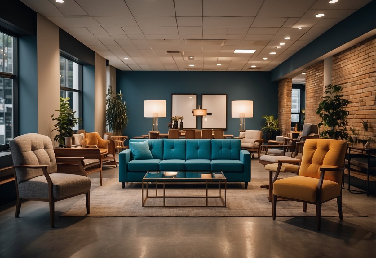 A room with various furniture pieces, such as chairs, tables, and sofas, displayed with a "Frequently Asked Questions" sign