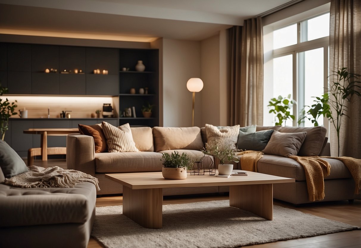 A cozy living room with modern Cassero furniture, soft lighting, and a warm color palette. A customer relaxes on a comfortable sofa while enjoying the seamless customer experience and services provided by the brand