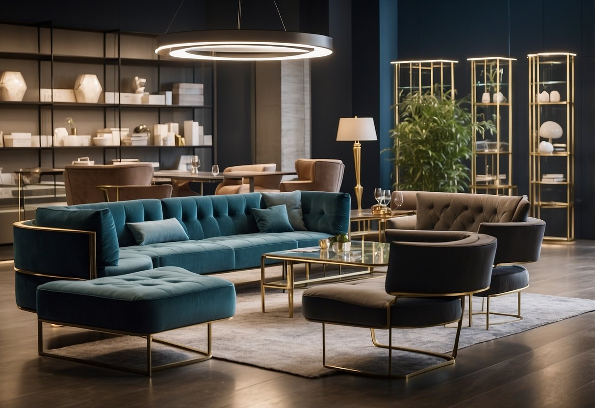 A showroom with modern Italian furniture displayed in a well-lit space, with sleek and elegant designs showcased in various settings