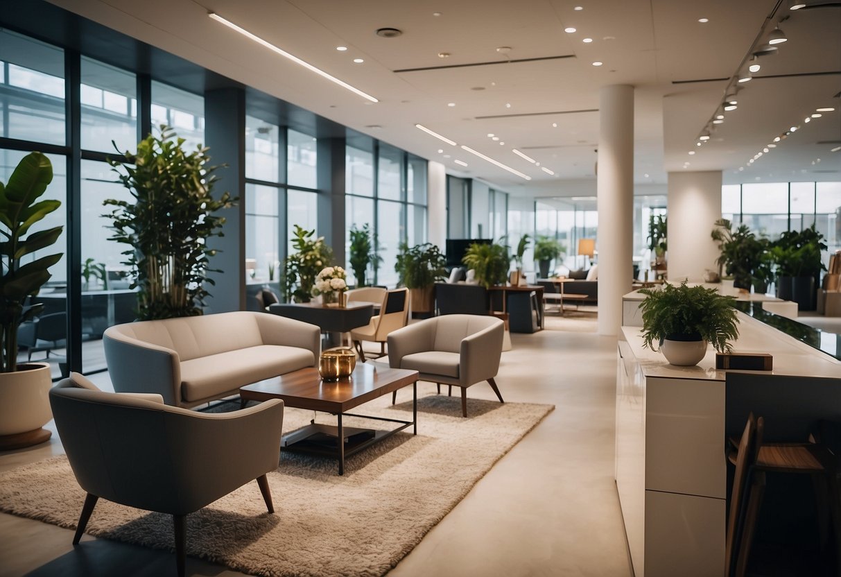 The showroom is filled with modern office furniture arranged in stylish displays. Bright lighting and clean lines create a professional and inviting atmosphere