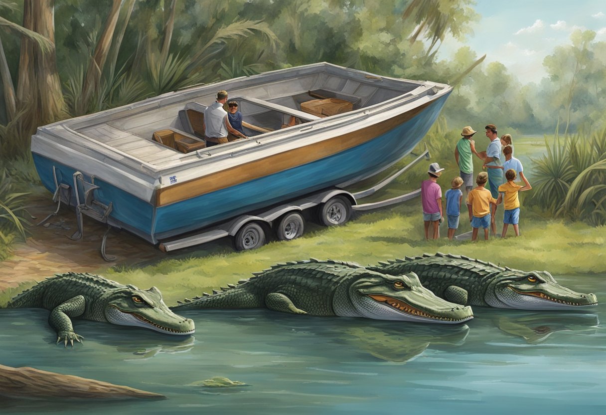 Troy Landry's boat is surrounded by alligators, his family watches in concern from the shore