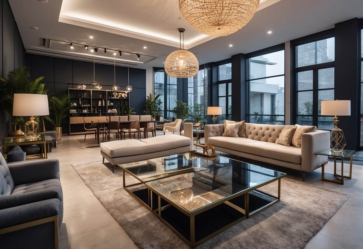 A spacious showroom with modern and classic furniture displayed in an organized and inviting manner. Bright lighting and neutral colors create a welcoming atmosphere