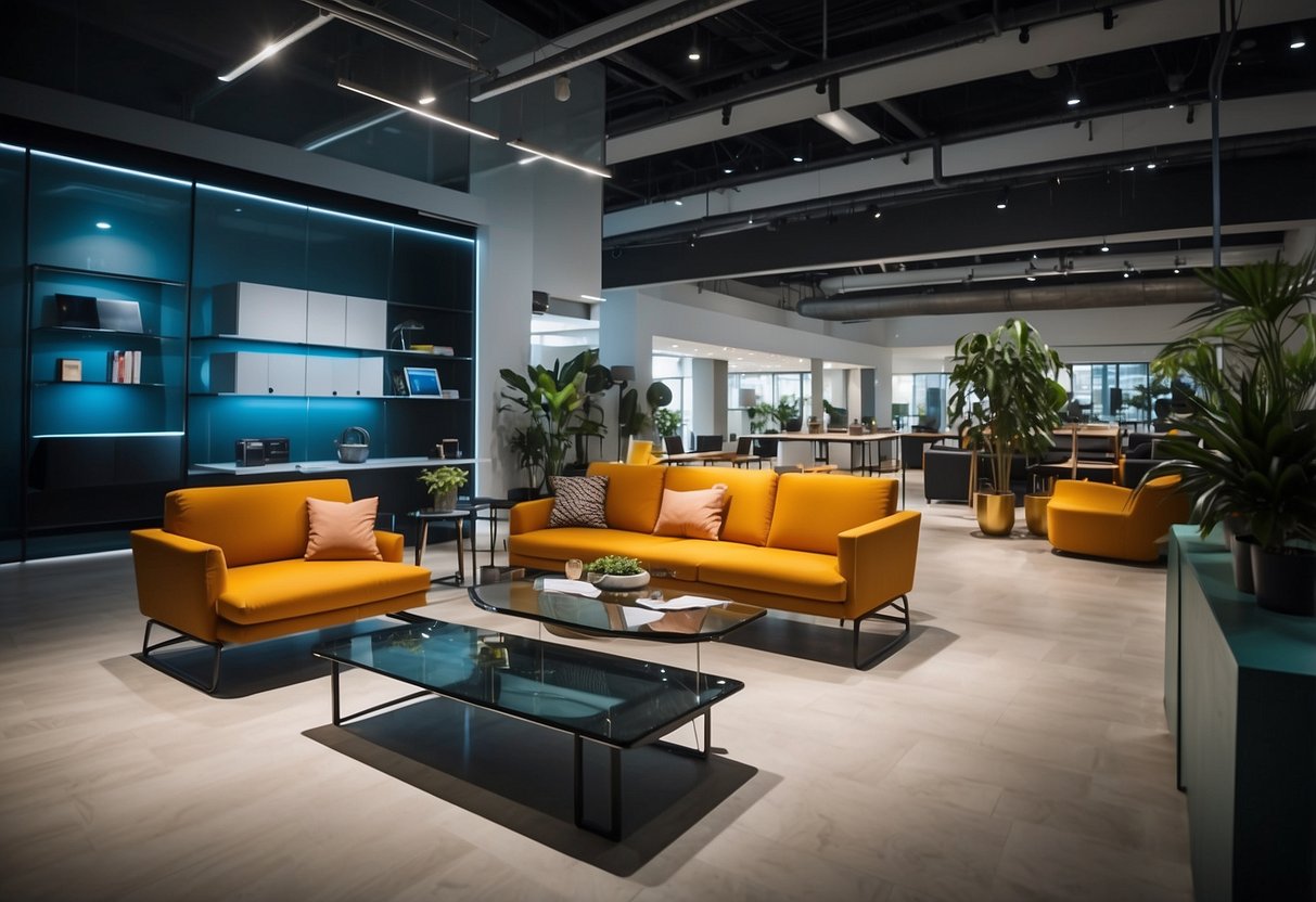 Office furniture showroom in Singapore. Modern desks, chairs, and storage options on display. Brightly lit space with sleek and stylish designs