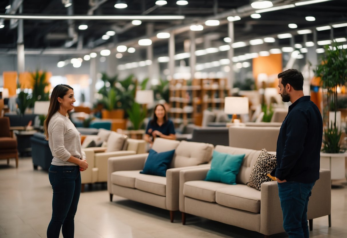 Customers browsing aisles of furniture, trying out sofas and inspecting dining sets. Brightly lit showroom with colorful displays and friendly staff