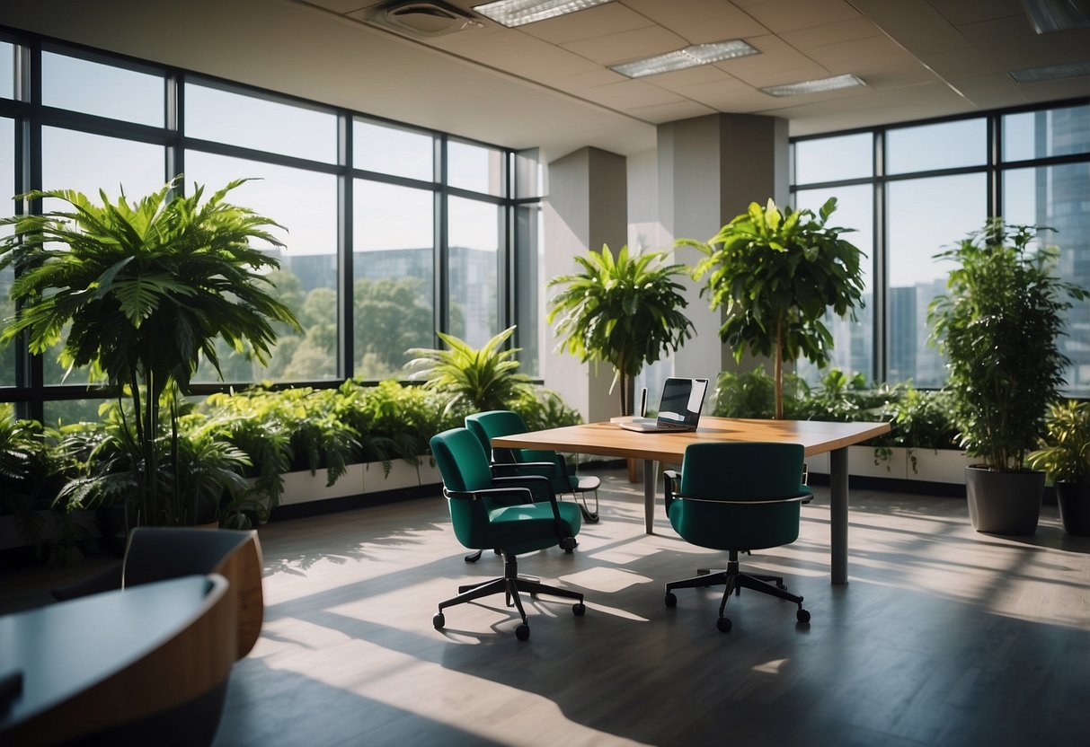 A modern office space with sleek, ergonomic furniture, large windows allowing natural light, and vibrant green plants for a touch of nature