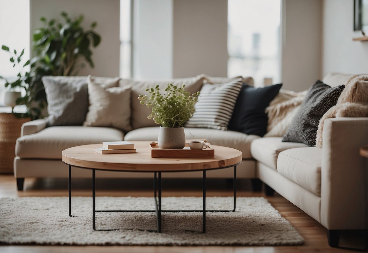 A cozy living room with a stylish sofa, a functional coffee table, and a soft rug, all arranged to maximize comfort and value