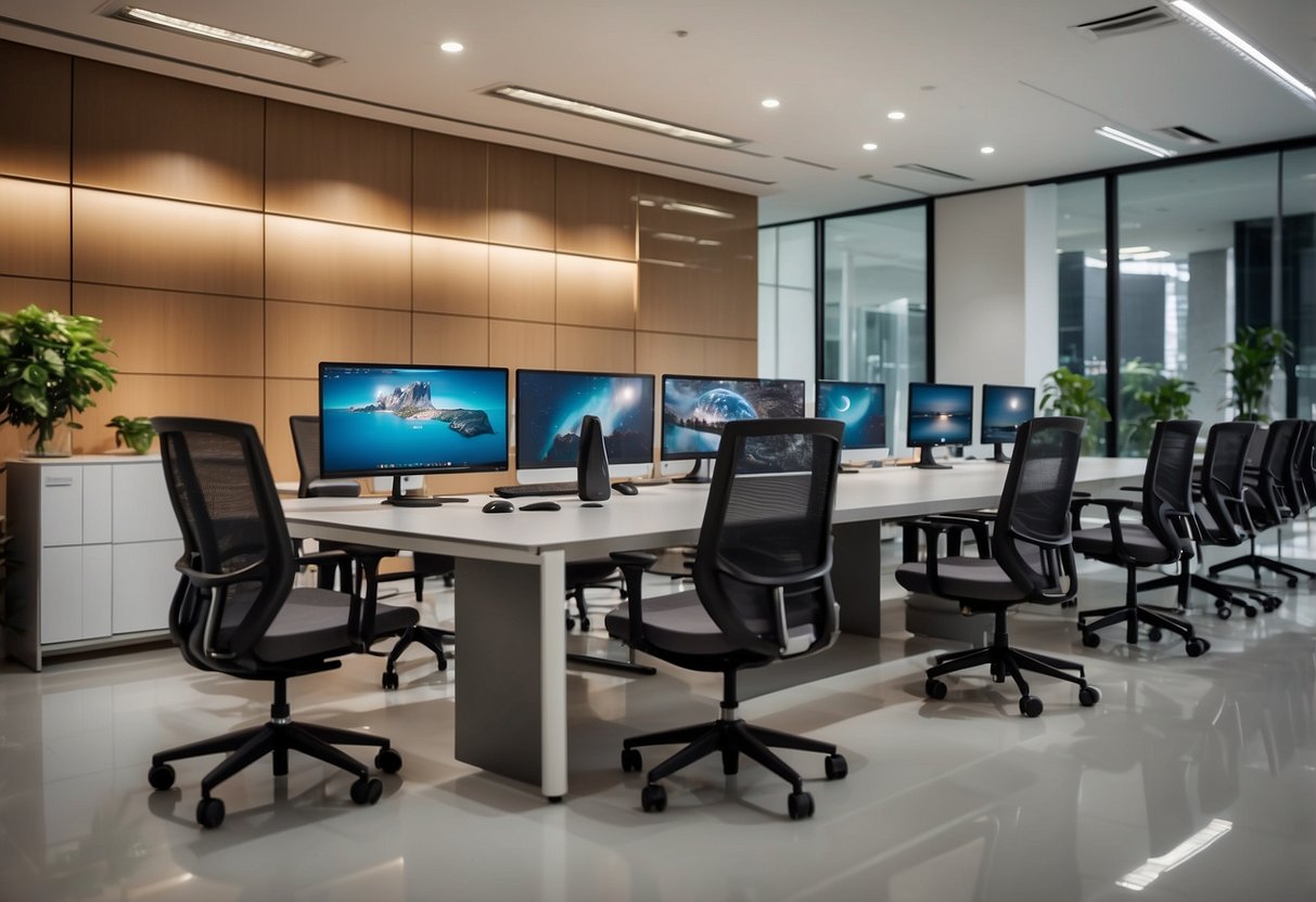 The showroom displays modern office furniture in Singapore. Brightly lit space with sleek desks and ergonomic chairs. Displays include signs with frequently asked questions