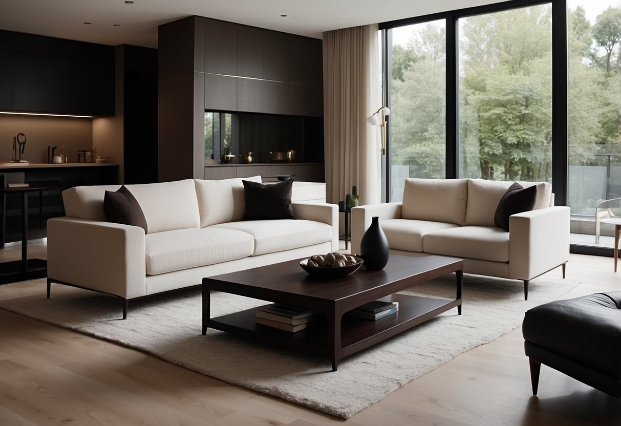 A sleek, modern living room with elegant furniture displayed on a high-end website