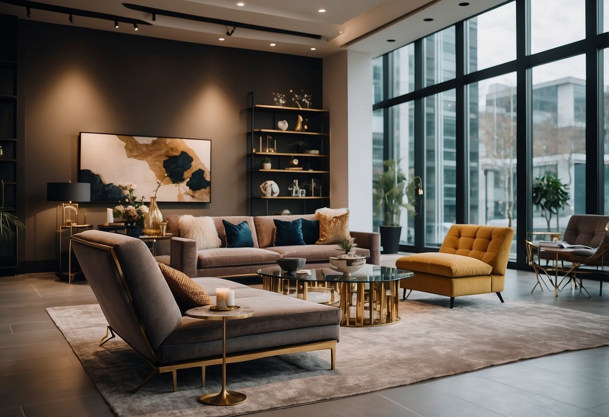 A spacious, modern showroom filled with sleek, elegant furniture pieces. Rich colors and luxurious textures create a sophisticated and inviting atmosphere