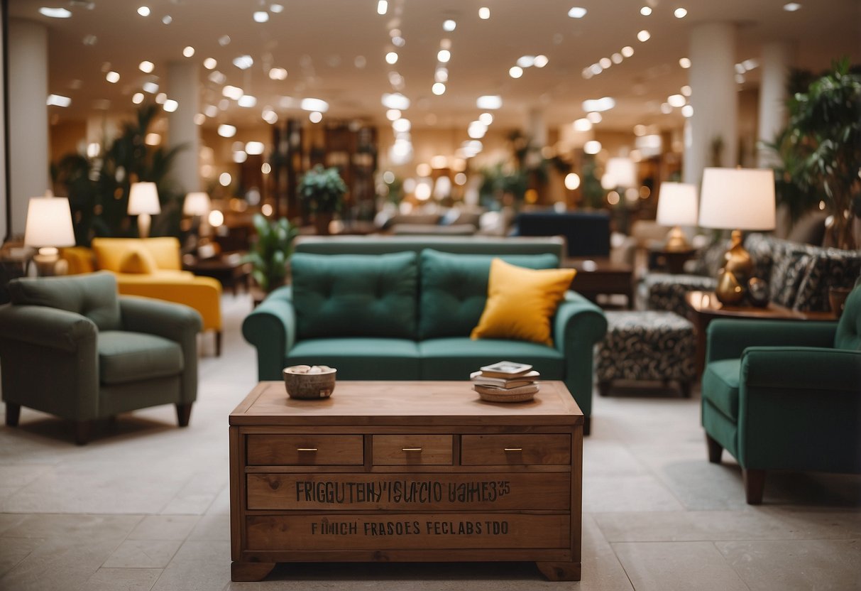 A furniture store with a sign reading "Frequently Asked Questions" and various pieces of furniture displayed around it