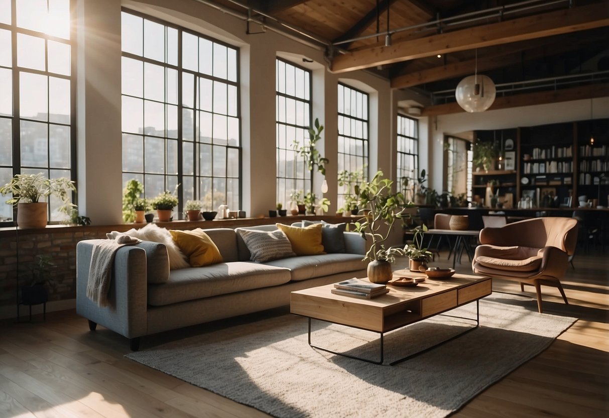 A cozy loft with modern furniture, including a sleek sofa, a minimalist coffee table, and a stylish bookshelf. Sunlight streams in through large windows, casting a warm glow on the space