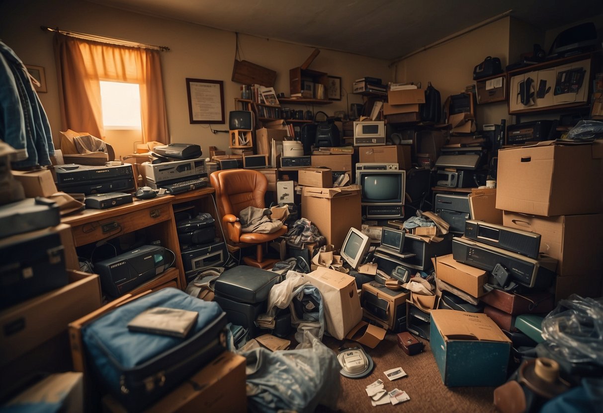 A cluttered room with mismatched, worn-out furniture piled up for sale. The items are marked with low prices and show signs of heavy use