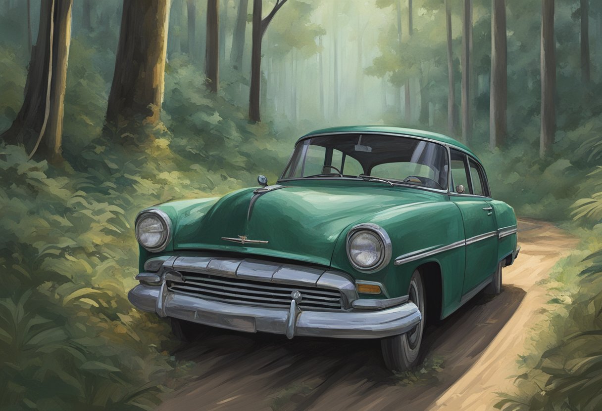 Andrew Tate's abandoned car sits by the side of a deserted road, with the driver's side door left ajar and a trail of footprints leading into the dense forest