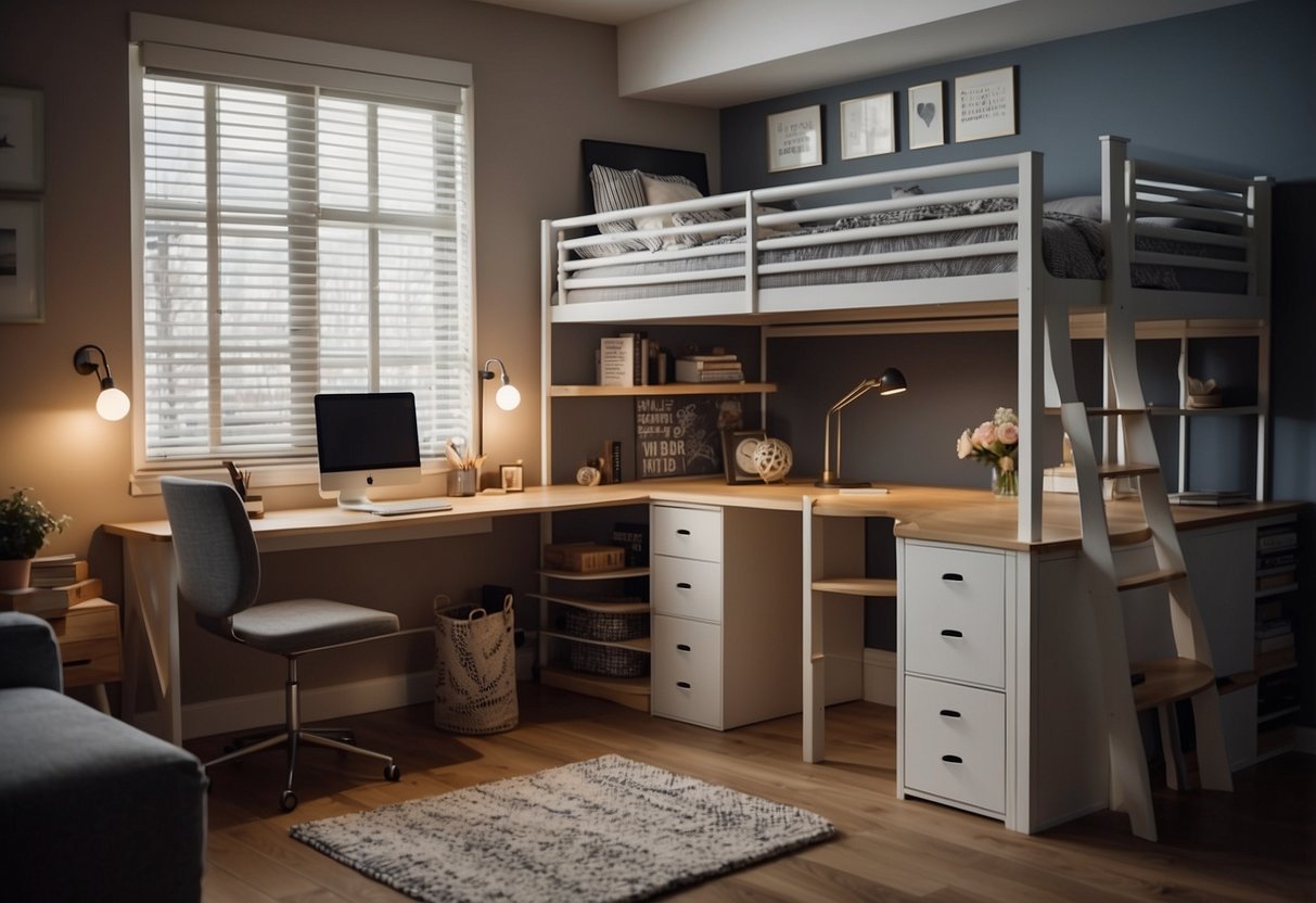 A loft bed sits in a cozy room, maximizing space. A desk and storage are cleverly integrated underneath, creating a functional and stylish furniture piece