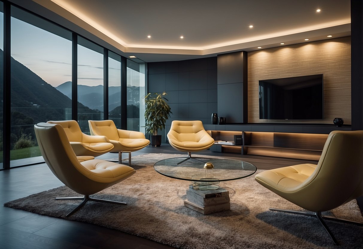 A sleek, modern living room with a computer displaying a website for designing and customizing luxury furniture online