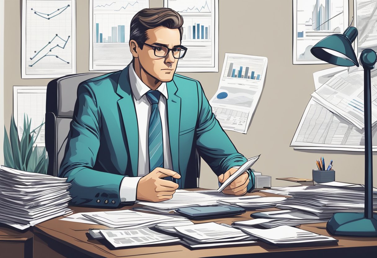 A businessman sits at a desk, surrounded by financial documents and charts. He looks determined, with a focused expression as he plans his next venture