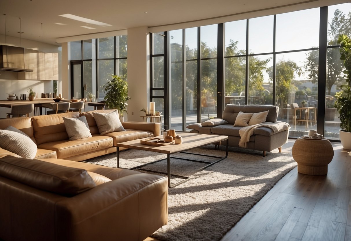 A spacious living room with modern furniture arranged neatly. Bright sunlight streams through large windows, casting a warm glow on the stylish decor