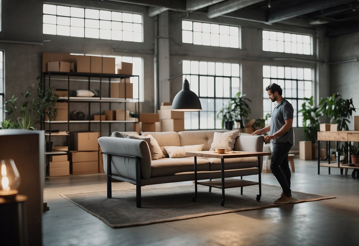 A person arranging modern loft furniture in a spacious, well-lit room with industrial accents and high ceilings