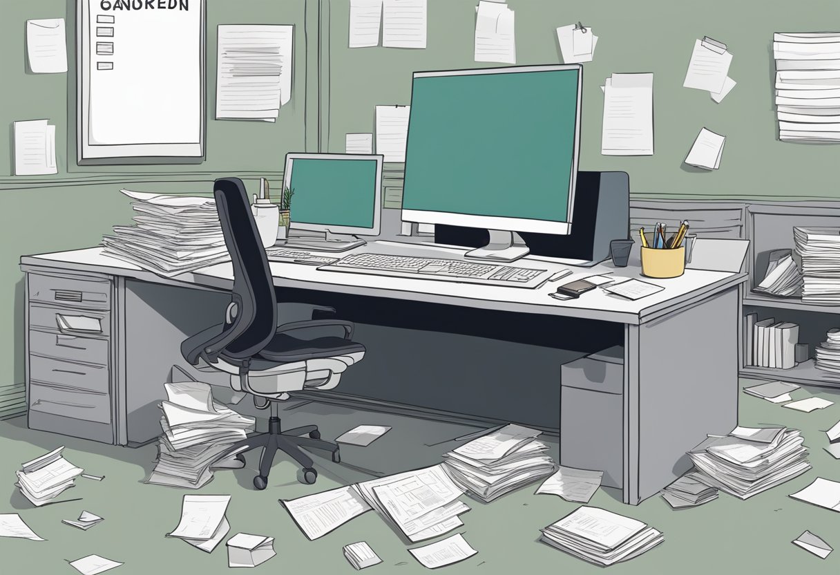 A deserted desk with scattered papers and a computer screen displaying the words "Frequently Asked Questions: What happened to Andrew Tate"