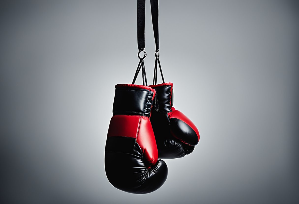 A pair of red and black boxing gloves hanging from a hook, with a sleek and durable design