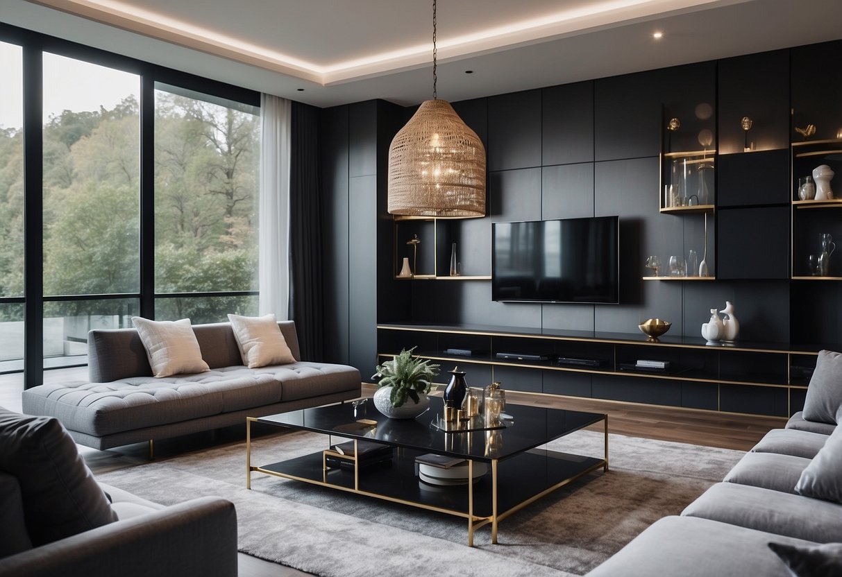 A sleek, modern living room with elegant, high-end furniture arranged in a stylish and inviting manner