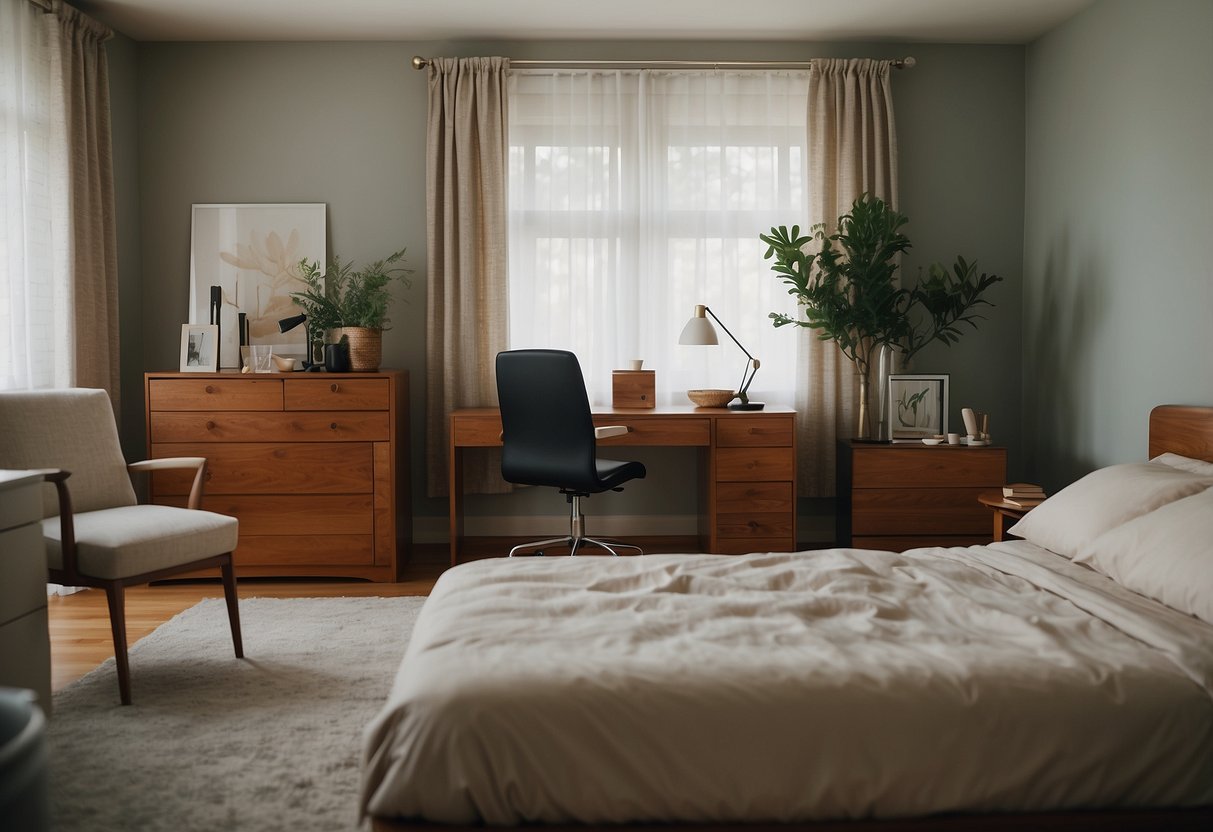 A room with a bed, table, chairs, and a dresser. Simple, functional furniture for sale