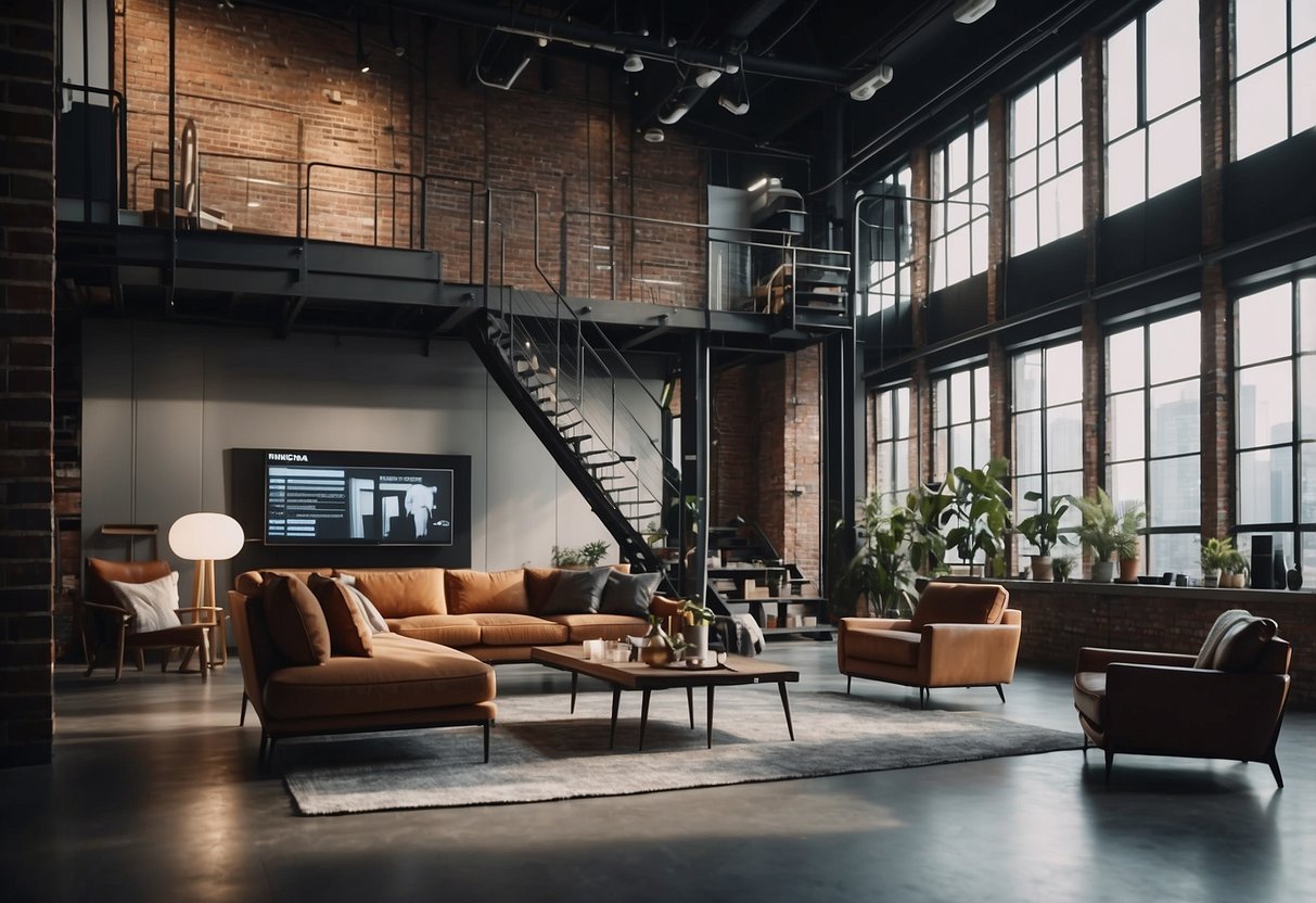 A modern loft with sleek furniture and a FAQ sign displayed prominently