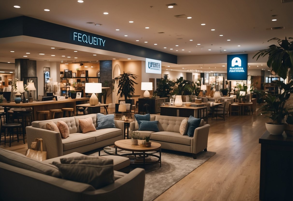 A bustling furniture store with customers browsing aisles, staff assisting, and a prominent "Frequently Asked Questions" sign in the center of the showroom