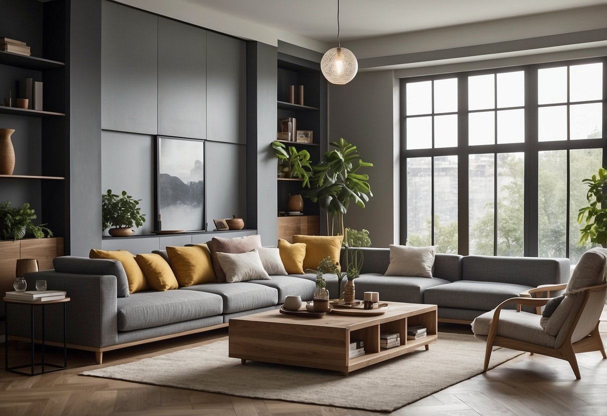 A modern living room with modular furniture arranged in various configurations to showcase its versatility and adaptability
