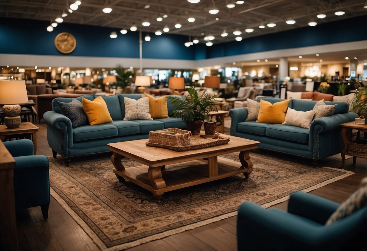A bustling furniture mart with rows of elegant sofas, polished wooden tables, and vibrant rugs on display. Shoppers browse through the aisles, admiring the stylish decor