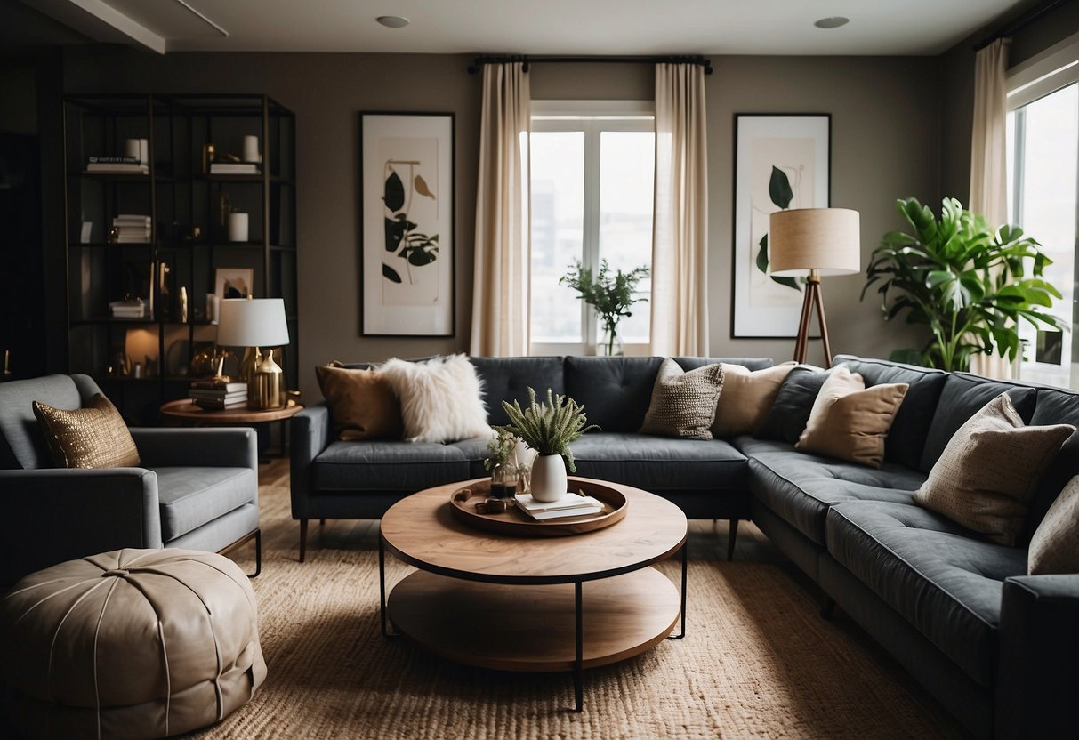 A cozy living room with modern sofas, coffee tables, and stylish decor at Furniture Mart's Living Room Collection