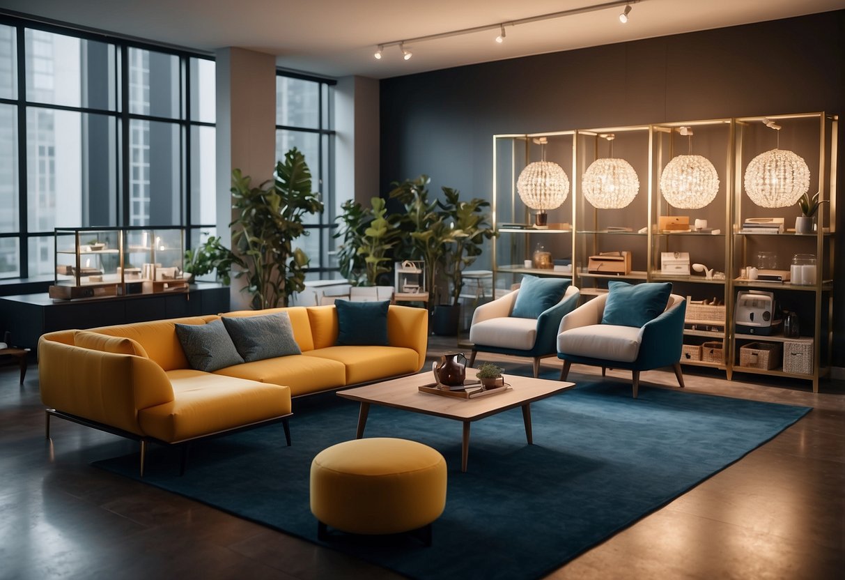 A room with various modular furniture pieces arranged in different configurations, with a sign or label indicating "Frequently Asked Questions" prominently displayed