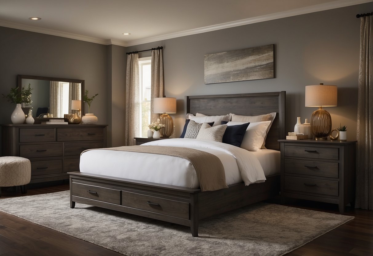 The bedroom is filled with cozy furnishings from Comfort Furniture Mart. A plush bed, soft pillows, and a stylish dresser complete the inviting space