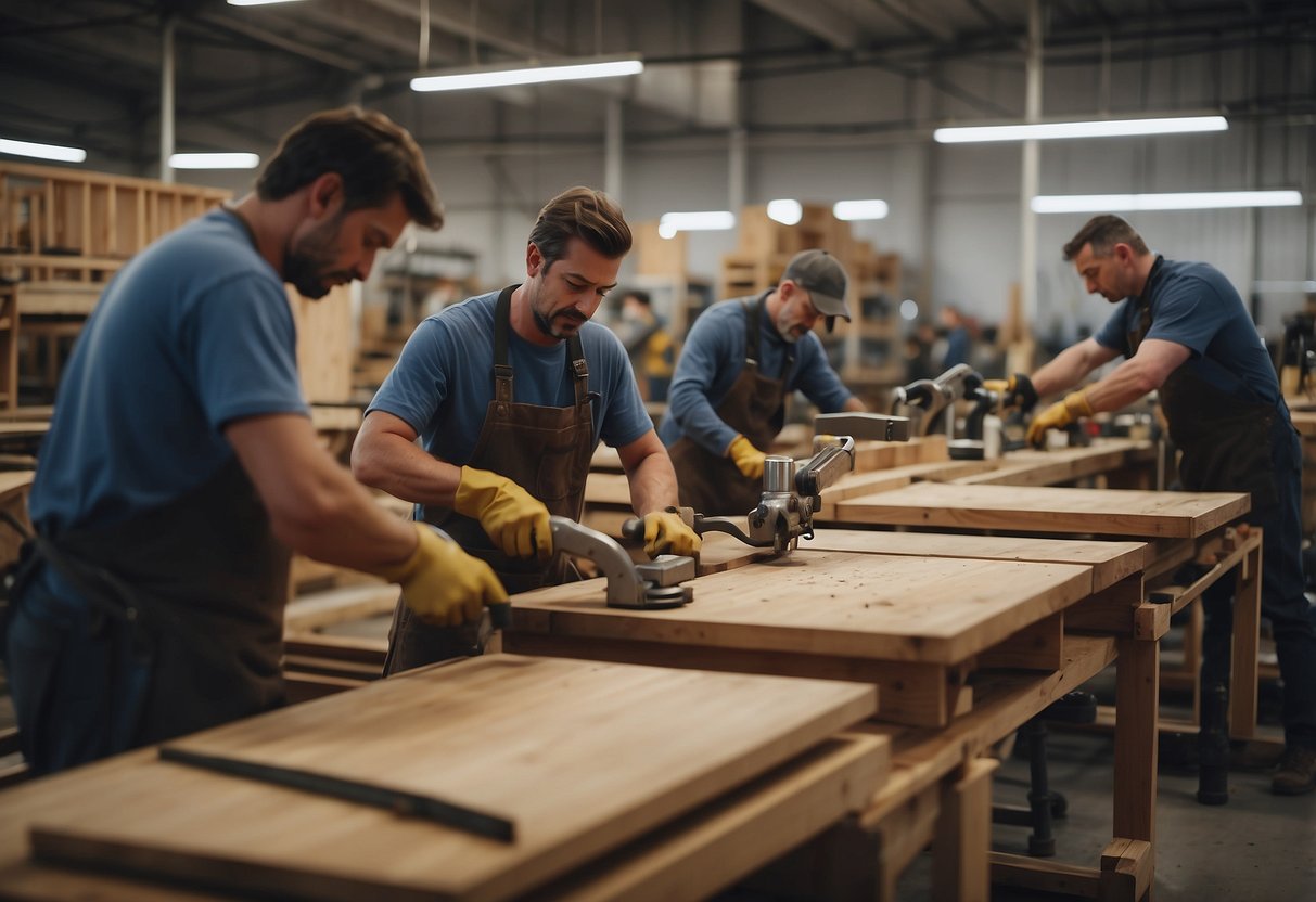 A busy furniture workshop with workers assembling and polishing wooden chairs and tables. Sawdust fills the air as machines hum and clink