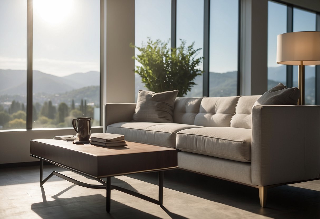 A sleek, modern sofa sits in a well-lit room, surrounded by minimalist decor and a statement coffee table. A large window lets in natural light, highlighting the clean lines and elegant design of the furniture