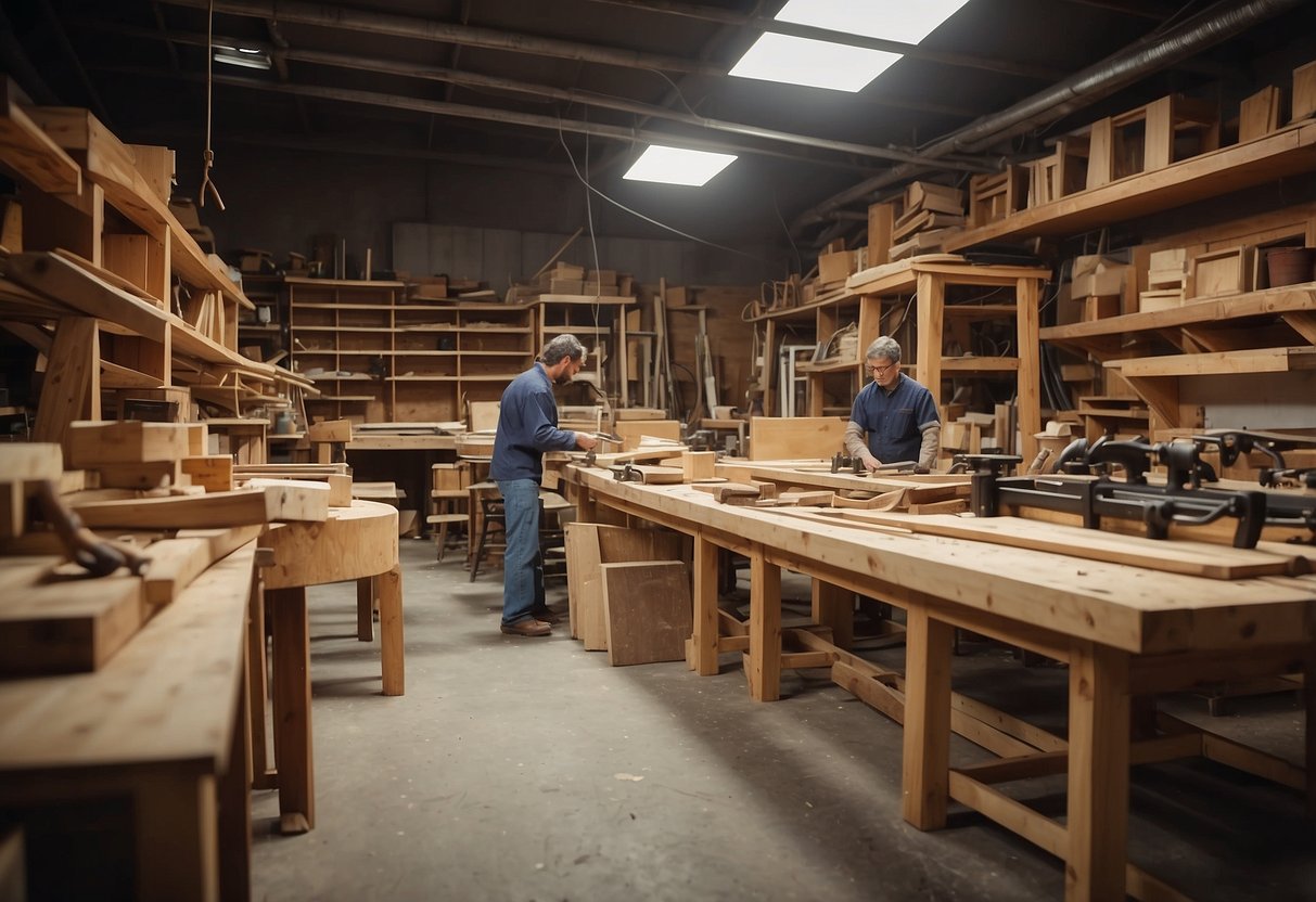 A cluttered workshop with stacks of wood, tools, and unfinished furniture pieces. Sawdust fills the air as workers craft and assemble wooden chairs and tables