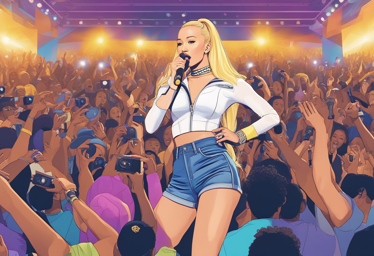 Iggy Azalea's rise to fame depicted through a crowded concert venue, with cheering fans and flashing cameras capturing her electrifying performance