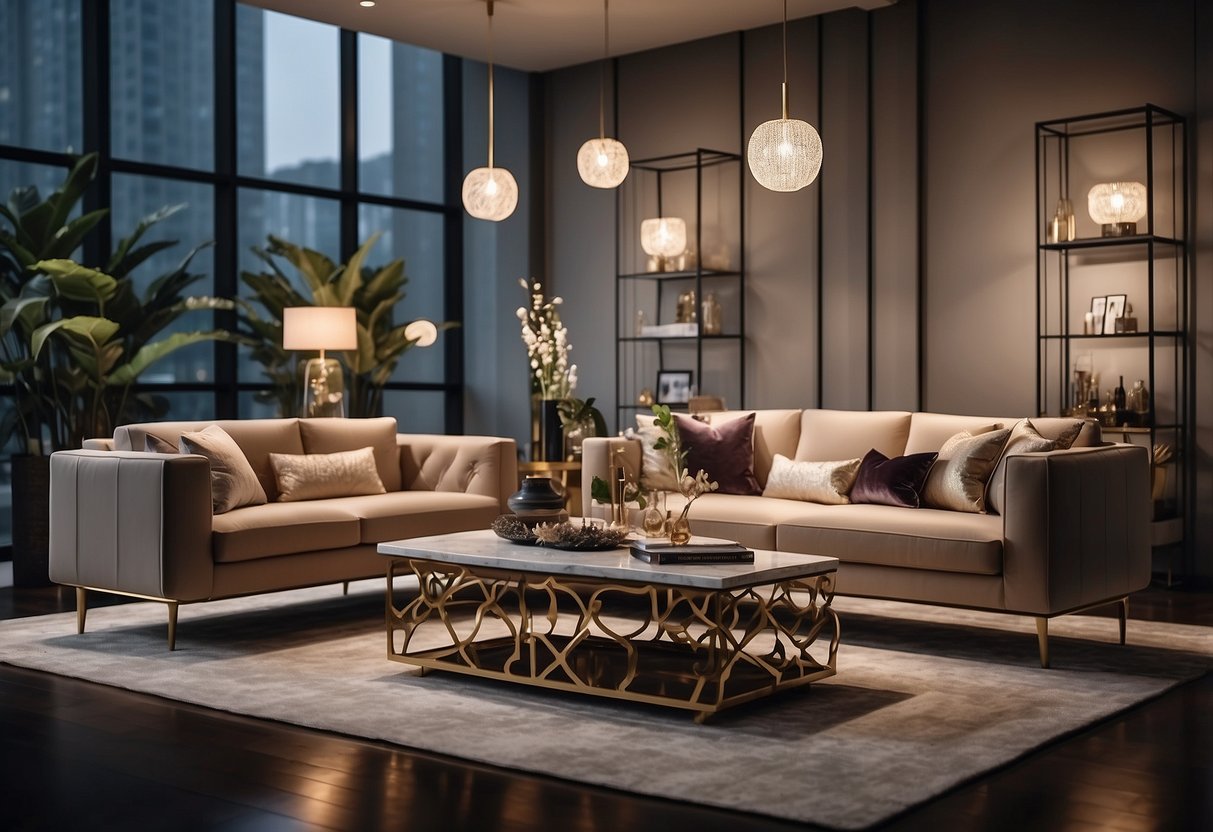 A showroom with modern and luxurious furniture pieces arranged in stylish settings, with soft lighting and elegant decor accents